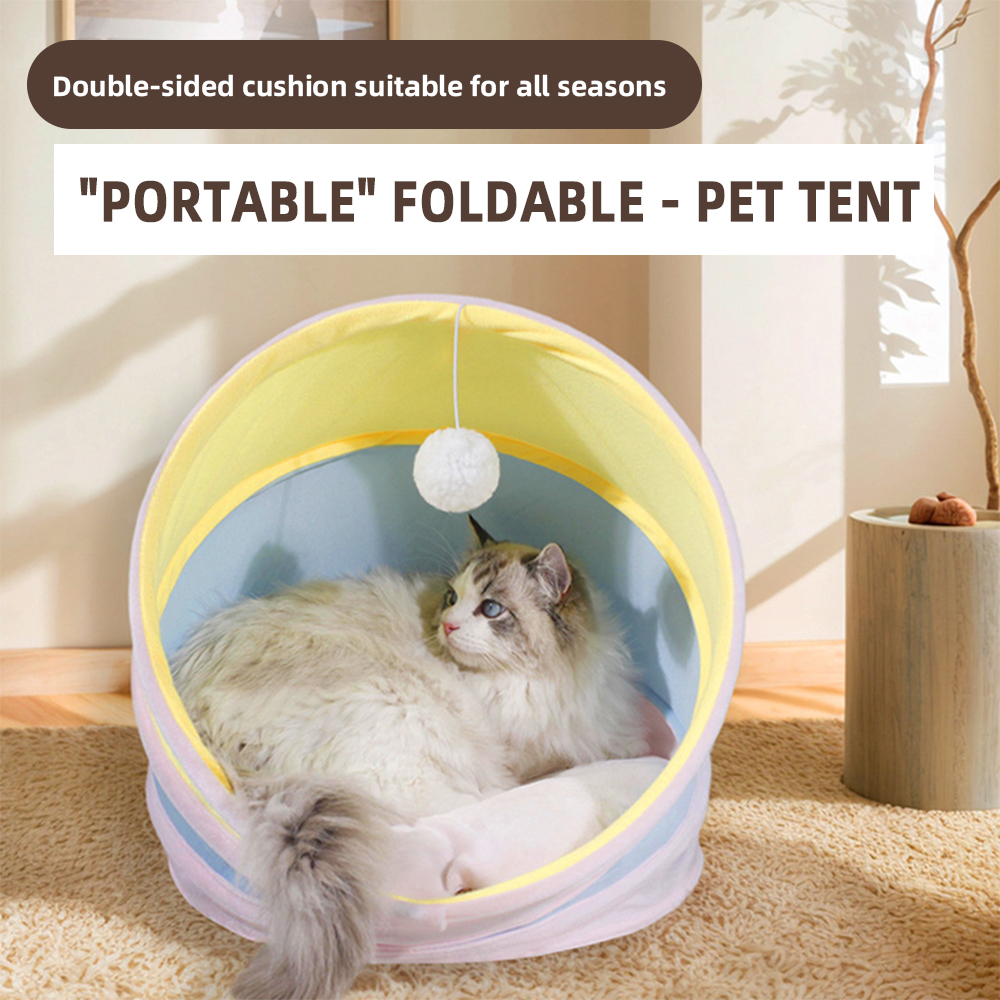 All-season Portable Foldable Pet Tent Bed With Dual-sided Cushion And Ball Outdoor Indoor Semi-closed Dog Cat Cave Bed