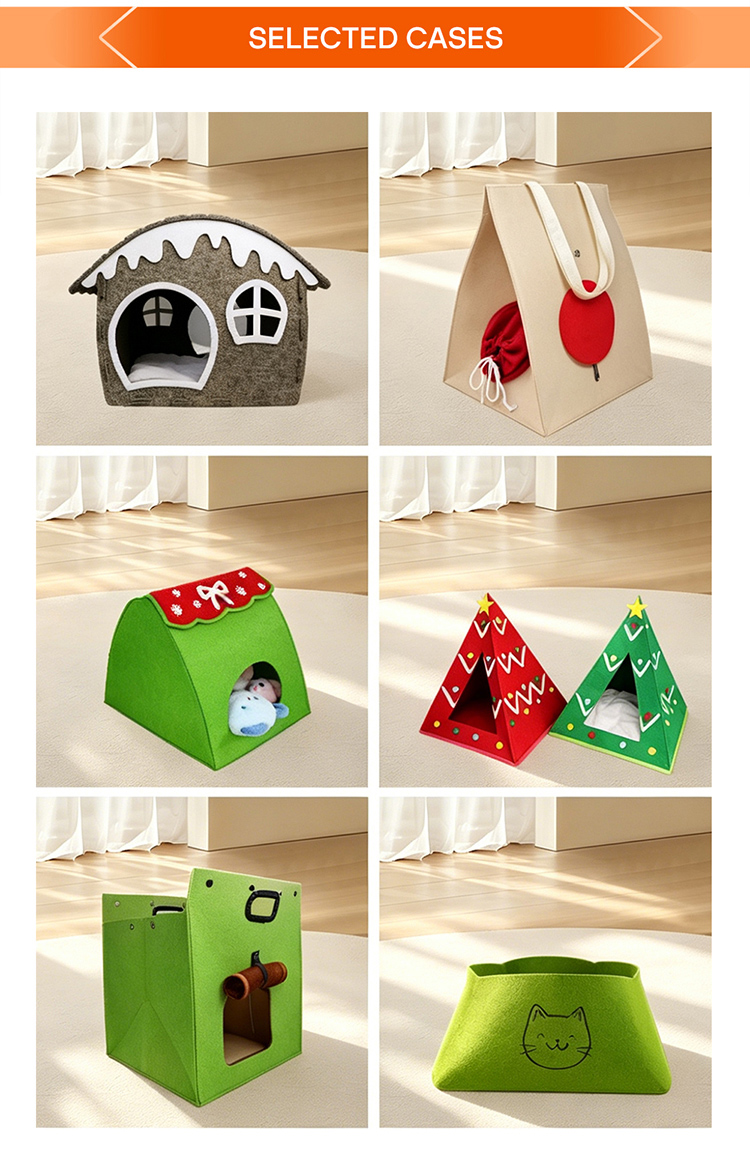 Foldable Collapsible Felt Cat Cave Bed Triangle Green Pet House Semi Enclosed Warm Cozy Indoor Kitten Shelter