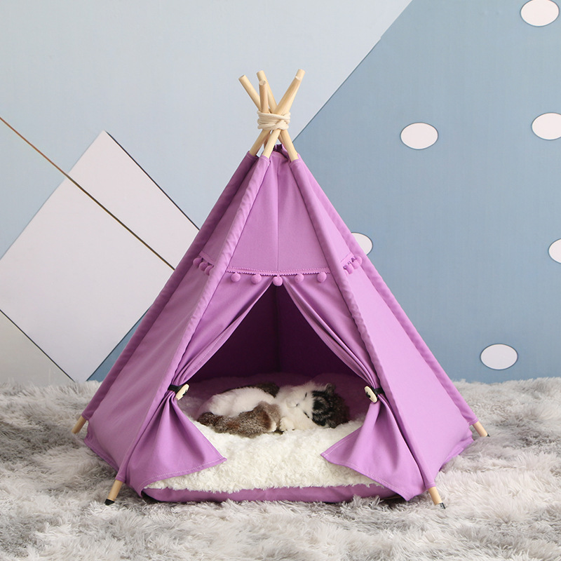 Wholesale Luxury Travel Cat Tent Foldable Linen Cotton Pet Teepee Striped Pattern Removable Washable Small Animals Factory Price