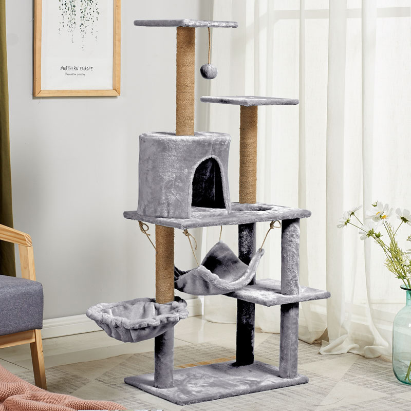 OEM ODM 4-level Luxury Wood Cat Tree Climbing Frame Hammock Condo Kittens Interactive Scratching Post Plush 125cm Carton