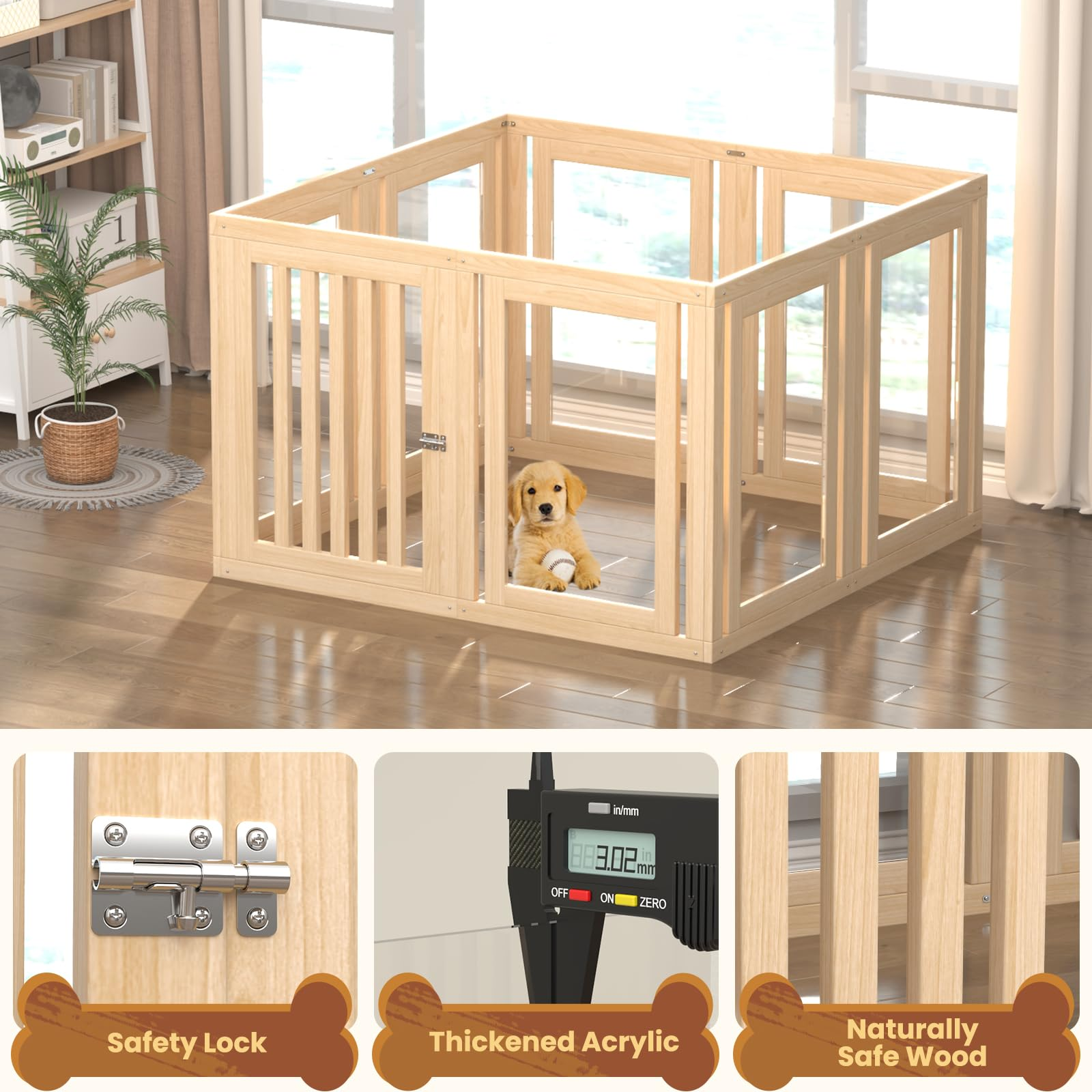 8 Panel Pet Playpen with Door 23.6" High Transparent Acrylic &amp; Wood Puppy Pen for Dogs Cats Rabbits Indoor