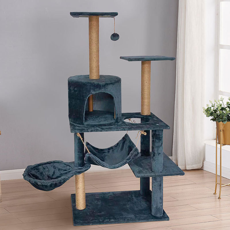 OEM ODM 4-level Luxury Wood Cat Tree Climbing Frame Hammock Condo Kittens Interactive Scratching Post Plush 125cm Carton