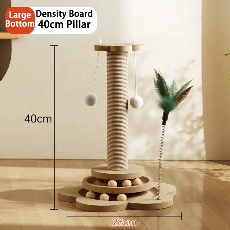 Indoor Classic Eco-Friendly Interactive Feather Sisal Cat Scratch Post Tree with Durable Wood Base