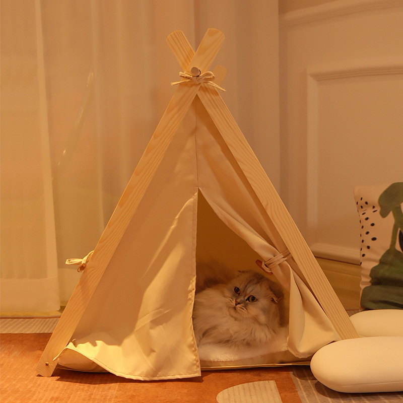 Eco-friendly Modern Style Solid Wood Framework Pet Teepee Tent with Detachable Washable Pad for Pets Weighing up to 10kg