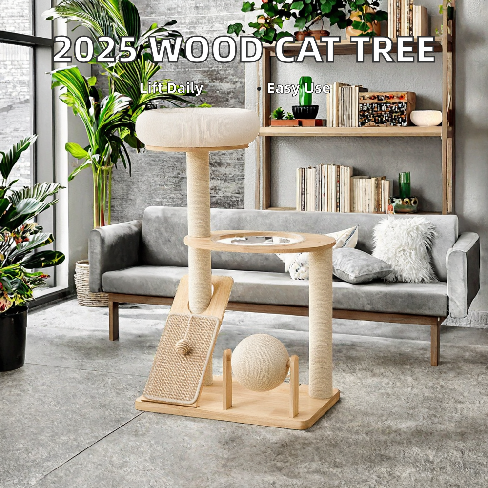 Luxury Large Solid Wood Cat Tree Tower 3 Levels Sisal Material Eco-Friendly Durable Anti-Slip Indoor Use Carton All Seasons