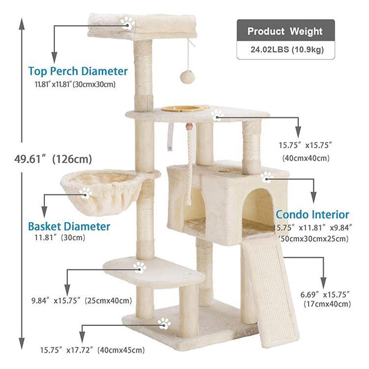 Free Samples Luxury Multi-level Simple Tall Cream Plush Cat Activity Fun Condo Tree Tower with Sisal Scratcher for Cat