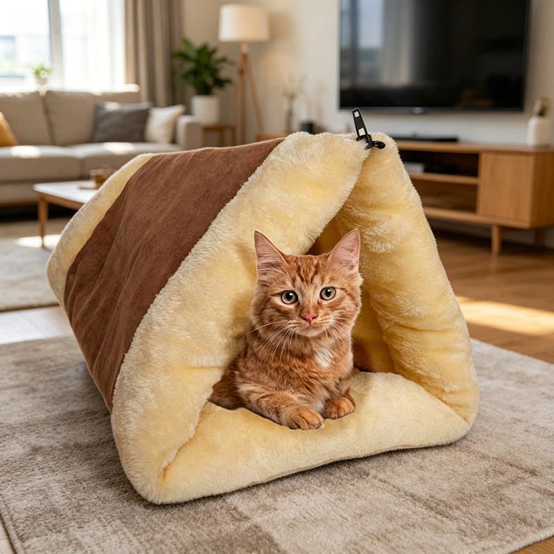 Eco-Friendly Customizable Colors Cozy Triangle Cat Bed Soft Plush Cotton Fill Modern Foldable Pet Teepee Bed for Cats Dogs