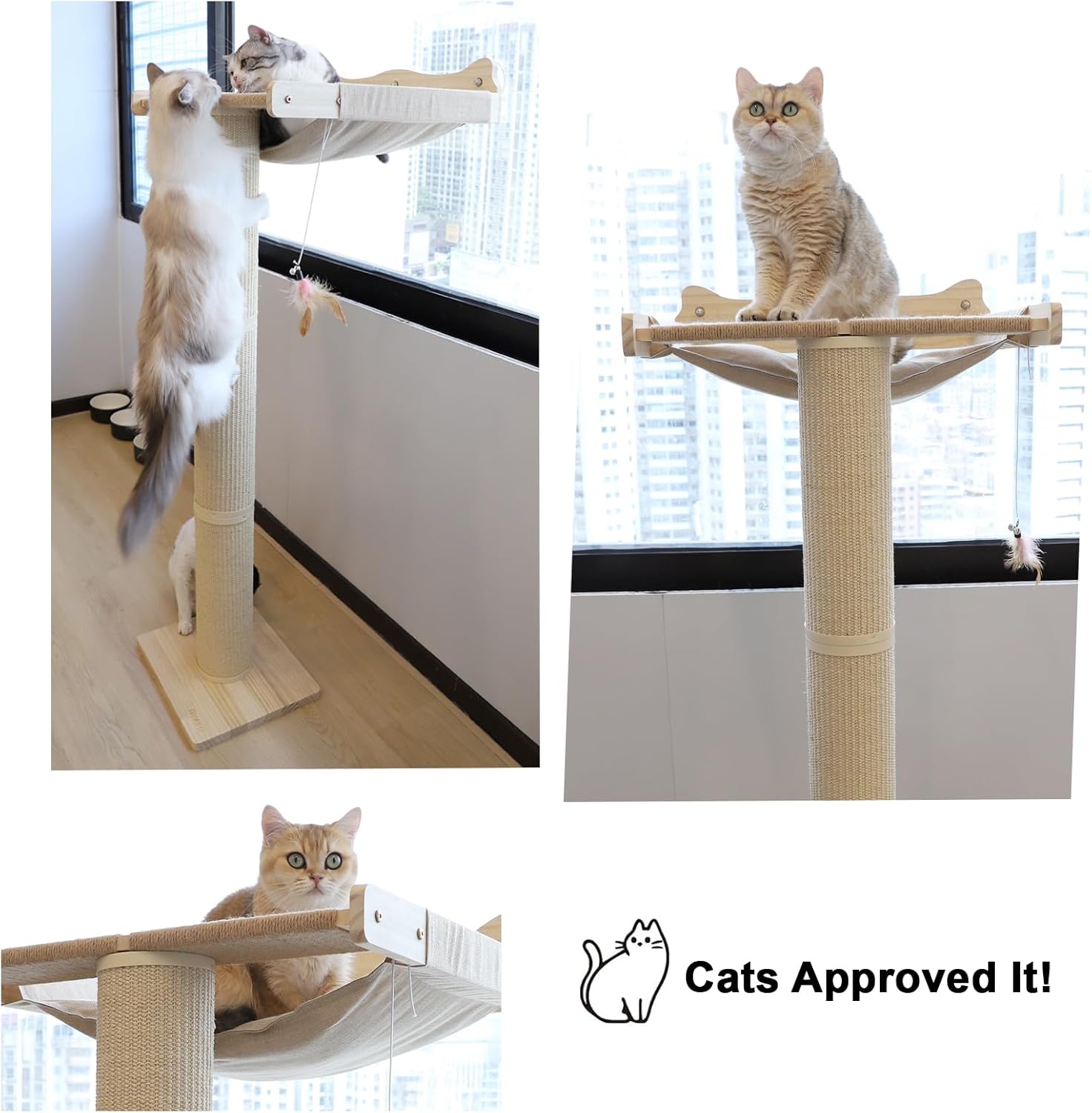 Anti-Slip Upgraded Large Wood Cat Tree with Window Perch and Scratching Post 54.3 Inch Adjustable Tall Eco-Friendly Design