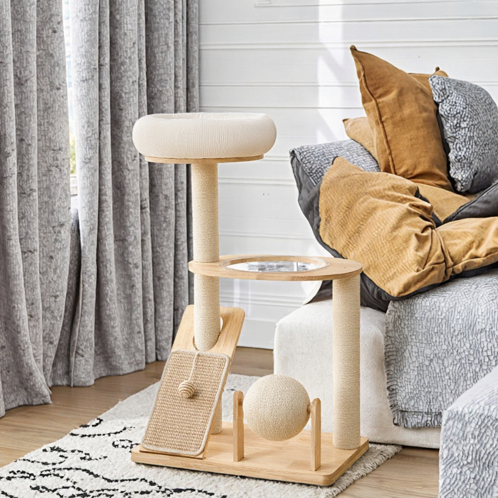 Luxury Large Solid Wood Cat Tree Tower 3 Levels Sisal Material Eco-Friendly Durable Anti-Slip Indoor Use Carton All Seasons