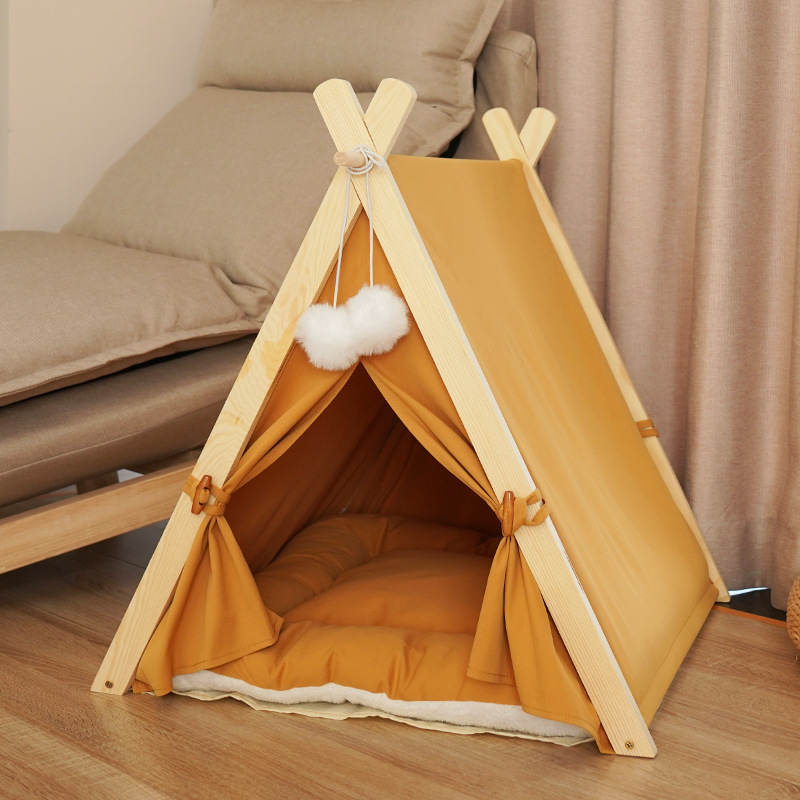Eco-friendly Modern Style Solid Wood Framework Pet Teepee Tent with Detachable Washable Pad for Pets Weighing up to 10kg
