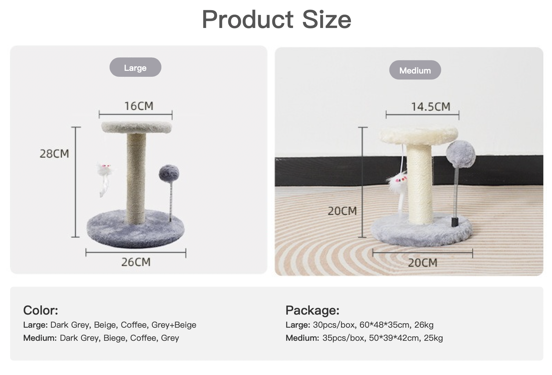 Cute Classic Sisal Cat Tree Mixed Color Eco-Friendly Cat Climbing Frame with Hanging Mouse Spring Ball 35pcs/box