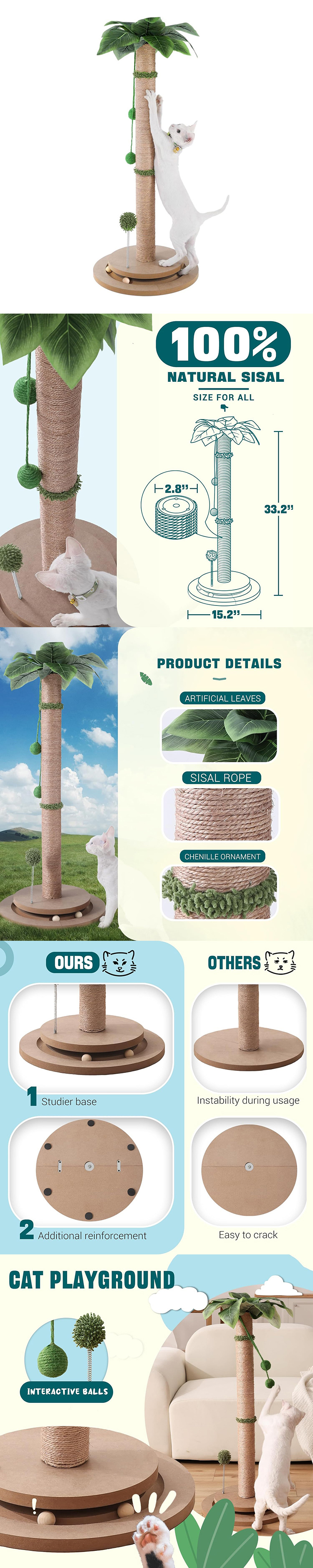 Wholesale Custom Cat Scratching Post Tree 100% Natural Sisal Pet Play Real Cat Tree Tower With Hanging Ball and Trackball