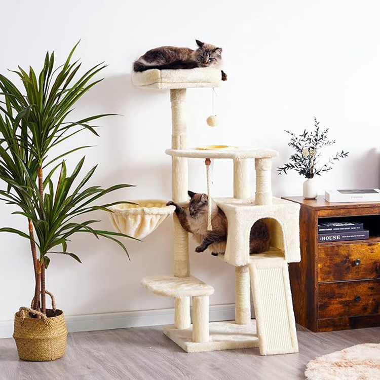 Free Samples Luxury Multi-level Simple Tall Cream Plush Cat Activity Fun Condo Tree Tower with Sisal Scratcher for Cat