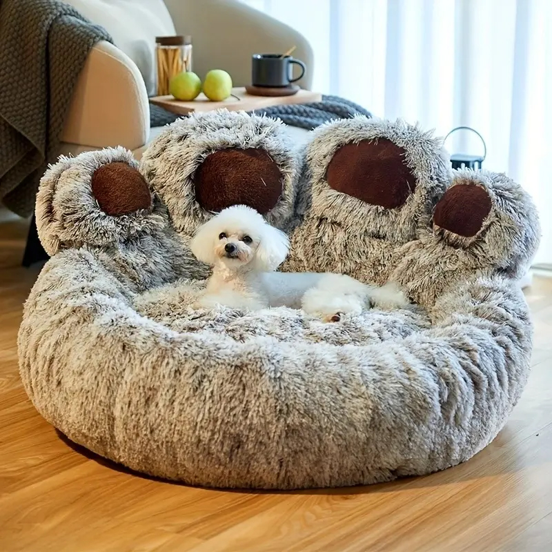 Washable Portable Pet Bed Long Plush Cozy Warm Bear Claw Shaped Pet Sofa Bed for Winter