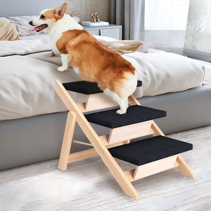 Hot Sell Dog Climbing Ramp Pet Bed Steps Ladder 2-in-1 Wood Collapsible For Dogs Cats Outdoor Adjustable Durable Simple Style