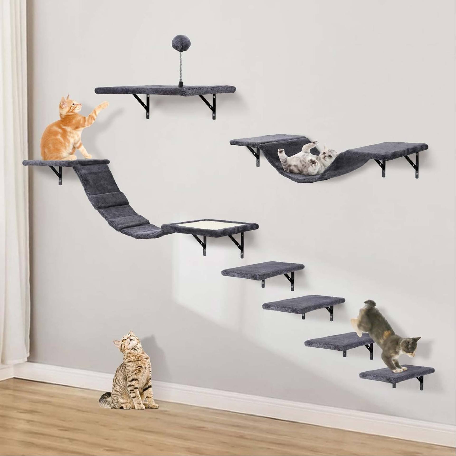 Luxury Modern Solid Wood Wall-mounted Cat Climbing Frame &amp; Jumping Board with Scratching Surface-Multi-cat Family Play Set