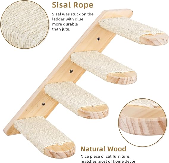 2025 Hot Selling Eco-Friendly Wooden Cat Climbing Frame Modern Luxury DIY Wall-Mounted Four-Step Staircase with Jute Scratching