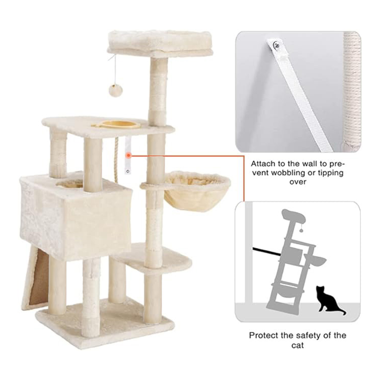 Free Samples Luxury Multi-level Simple Tall Cream Plush Cat Activity Fun Condo Tree Tower with Sisal Scratcher for Cat