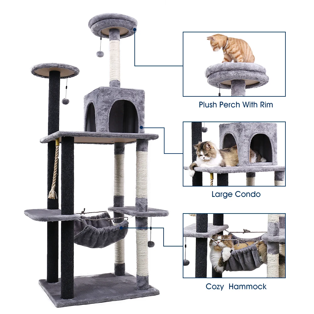 Cat Tree Cat Tower Multi Level Cat Scratching Post with Condos, Ladders, Basket, Hammock &amp; Plush Perches for Kittens