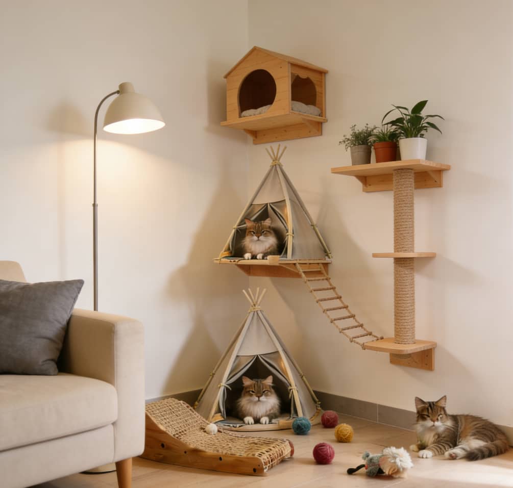 Multi Layer Classic Wood Linen Cat Climbing Frame Perch Shelves Eco-Friendly Durable Cat Tree Carton Pet Furniture For Indoor