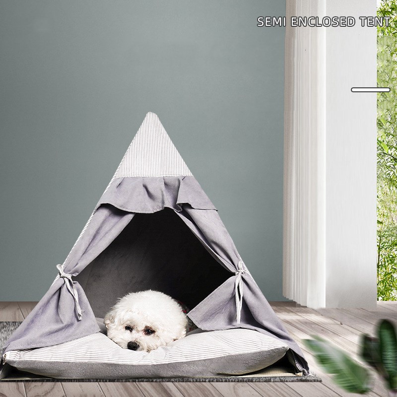 Wholesale Custom Pine Wood Cotton Linen Pet Teepee Tent Bed Tents for Dogs and Cats Cave House Bed for Furry Friends