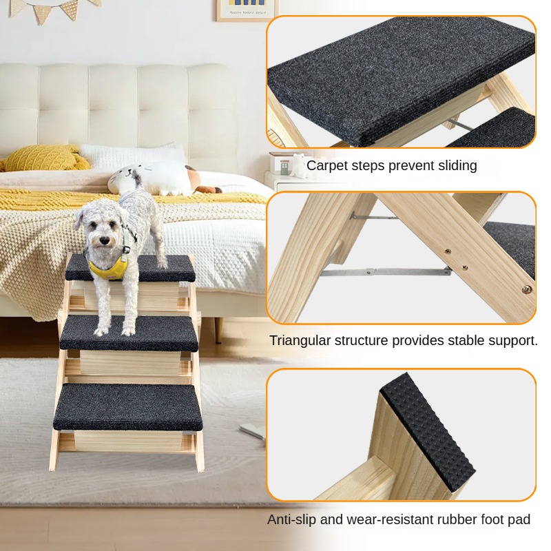 Hot Sell Dog Climbing Ramp Pet Bed Steps Ladder 2-in-1 Wood Collapsible For Dogs Cats Outdoor Adjustable Durable Simple Style