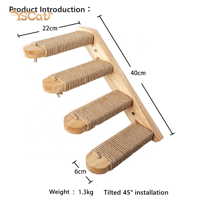 2025 Hot Selling Eco-Friendly Wooden Cat Climbing Frame Modern Luxury DIY Wall-Mounted Four-Step Staircase with Jute Scratching
