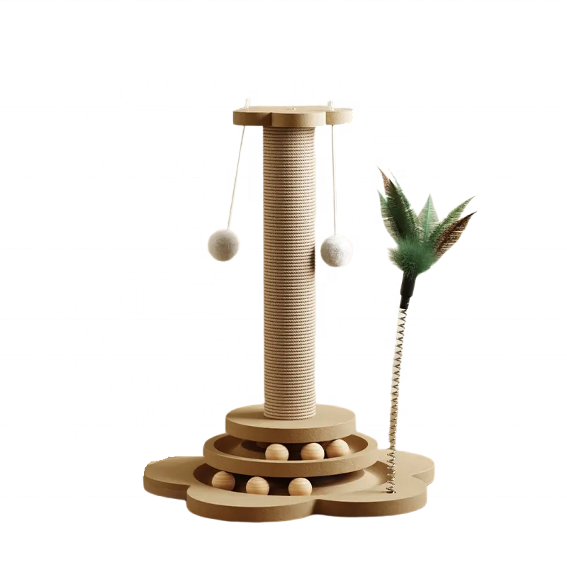 Indoor Classic Eco-Friendly Interactive Feather Sisal Cat Scratch Post Tree with Durable Wood Base