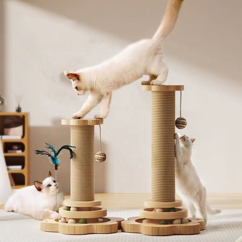 Indoor Classic Eco-Friendly Interactive Feather Sisal Cat Scratch Post Tree with Durable Wood Base