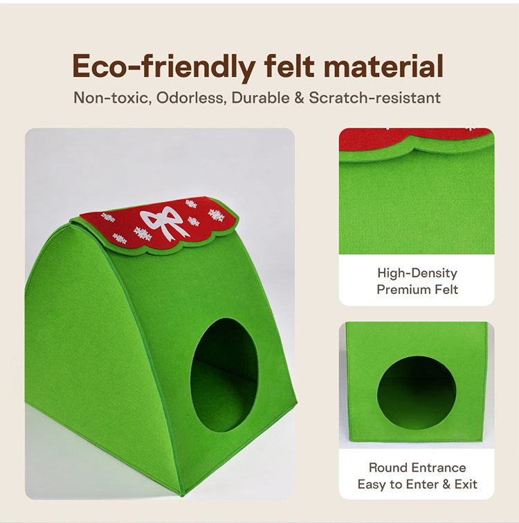 Foldable Collapsible Felt Cat Cave Bed Triangle Green Pet House Semi Enclosed Warm Cozy Indoor Kitten Shelter