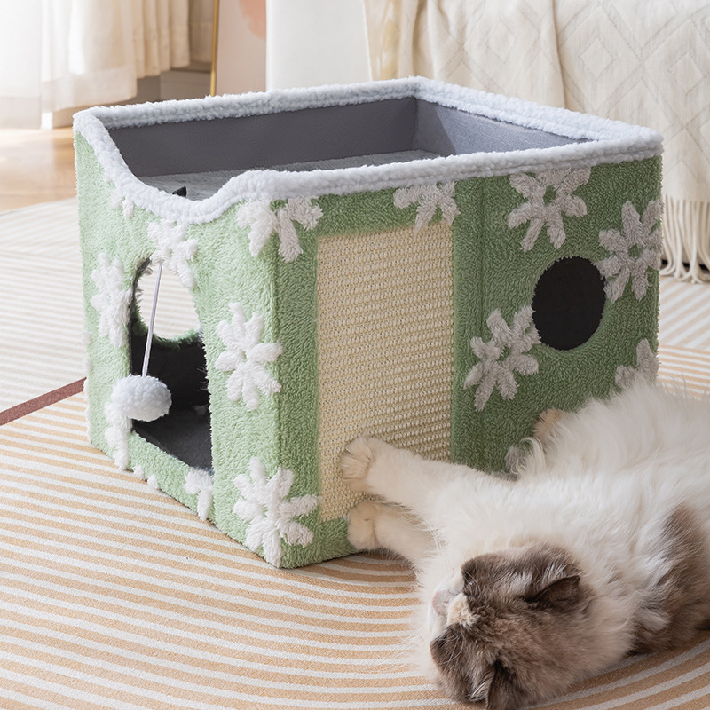 Multi-Functional Foldable Wood Rectangle Cat House Tent with Scratch Pad &amp; Hanging Ball Cozy Cat Bed for Pets