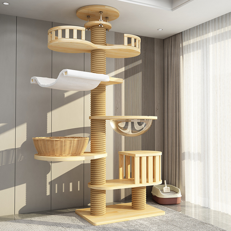 Factory-Made Solid Wood PVC Cat Tree Integrated Scratching Post Floor-to-Ceiling Cat Climbing Frame Cat House Pet Mat Pad Toy