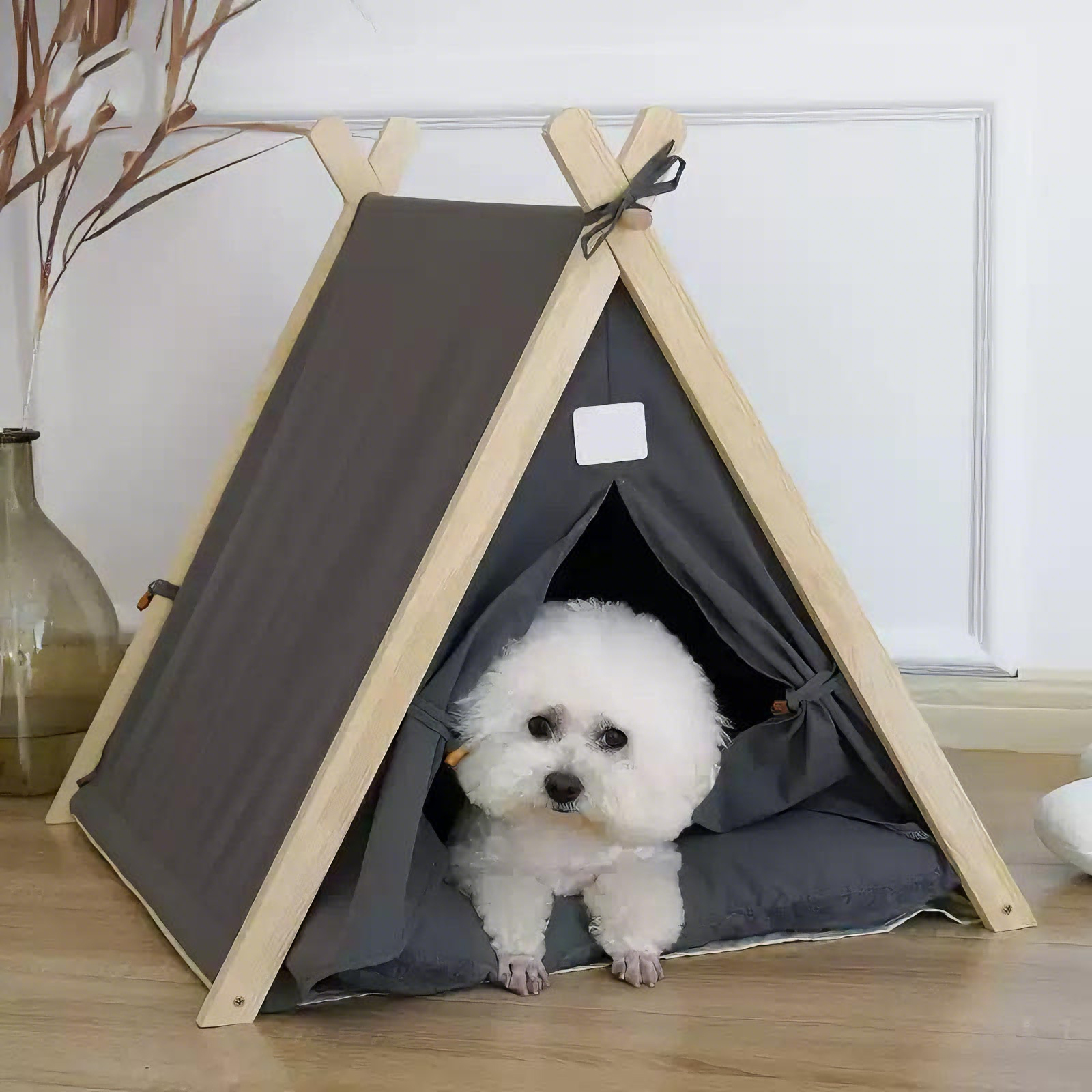 Eco-friendly Modern Style Solid Wood Framework Pet Teepee Tent with Detachable Washable Pad for Pets Weighing up to 10kg