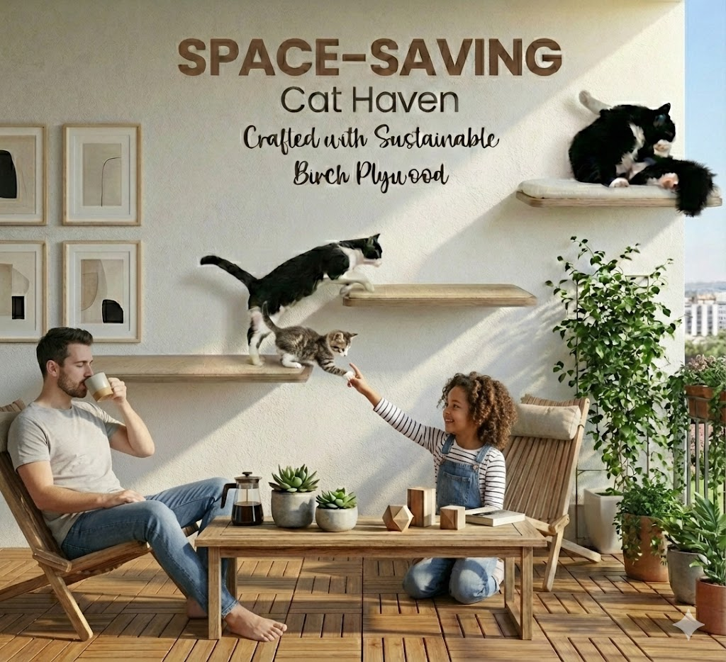 Easy Assembly Classic Wood Wall Mounted Cat Tree with Halloween Design Carton Packaging-Pet Supplies