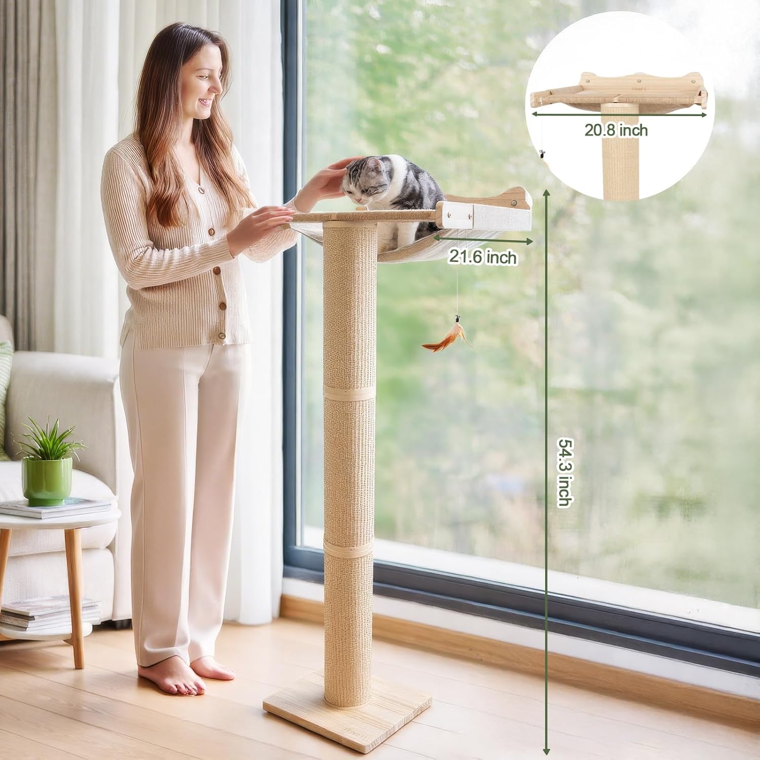 Anti-Slip Upgraded Large Wood Cat Tree with Window Perch and Scratching Post 54.3 Inch Adjustable Tall Eco-Friendly Design