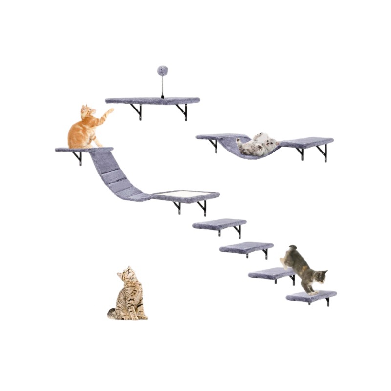 Luxury Modern Solid Wood Wall-mounted Cat Climbing Frame &amp; Jumping Board with Scratching Surface-Multi-cat Family Play Set