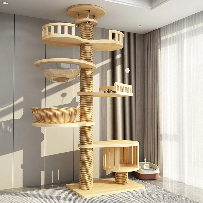 Factory-Made Solid Wood PVC Cat Tree Integrated Scratching Post Floor-to-Ceiling Cat Climbing Frame Cat House Pet Mat Pad Toy