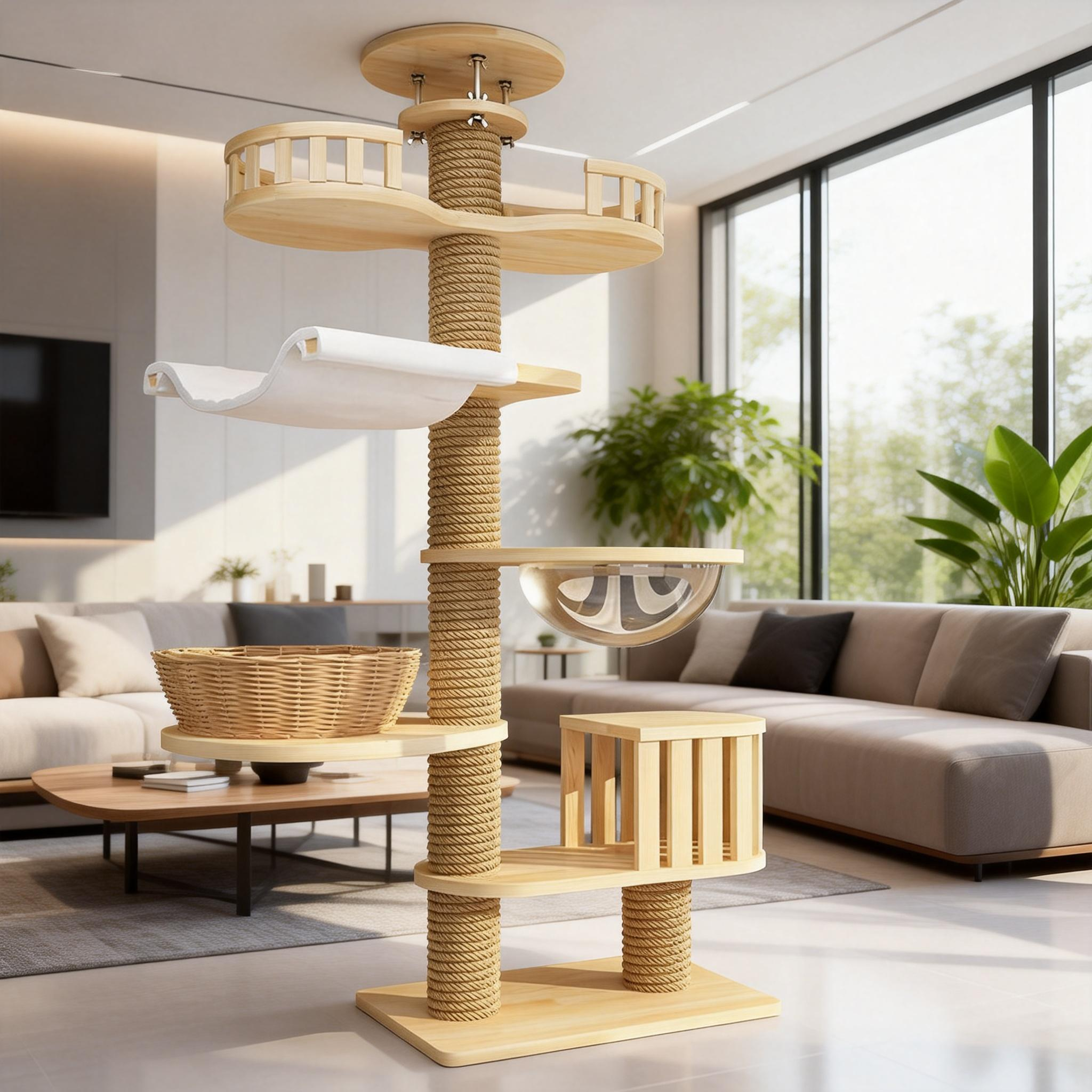 Manufacturer Wholesale Luxury Modern Wooden Sisal Eco-Friendly Carton Scratcher Cat Climbing Tree 4+ Levels Adjustable Height