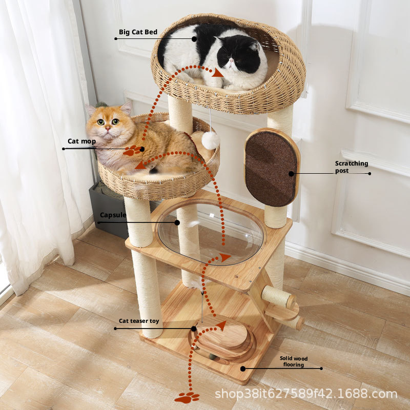 Solid Wood Climbing Frame Cat Nest Tree Integrated Japanese Sisal Column Capsule Large Cat Rack High-rise Eco-Friendly Carton