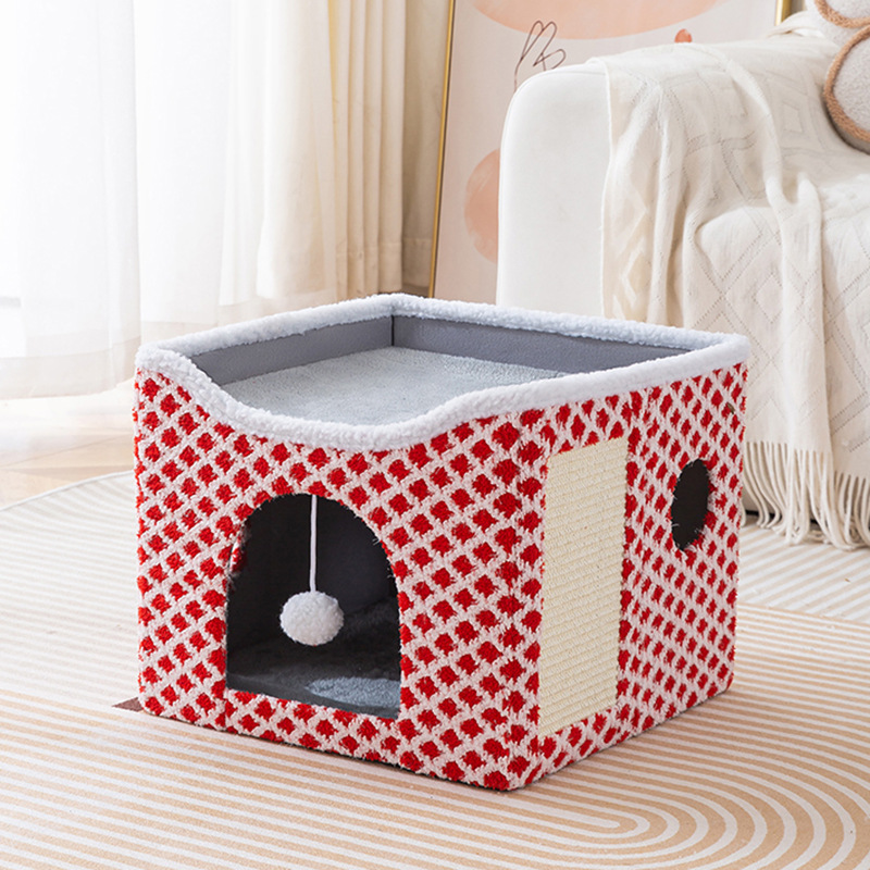 Multi-Functional Foldable Wood Rectangle Cat House Tent with Scratch Pad &amp; Hanging Ball Cozy Cat Bed for Pets