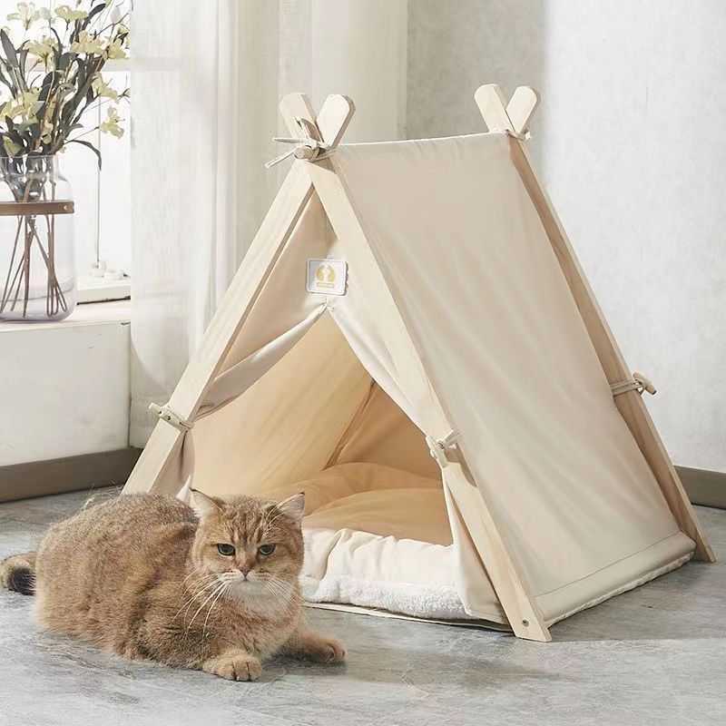 Luxury Foldable Pet Teepee Solid Wood Cotton Linen Washable Cushion Eco-Friendly All-Season Shelter for Dogs Cats Small Animals