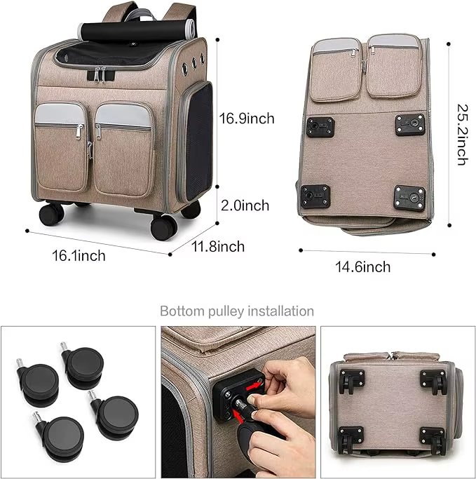 Airline Approved Telescopic Zipper Mesh Breathable Walking Handle Cat Dog Pet Carrier With Wheels