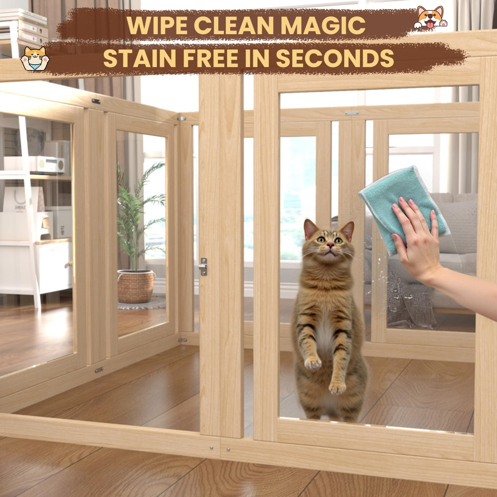 8 Panel Pet Playpen with Door 23.6" High Transparent Acrylic &amp; Wood Puppy Pen for Dogs Cats Rabbits Indoor