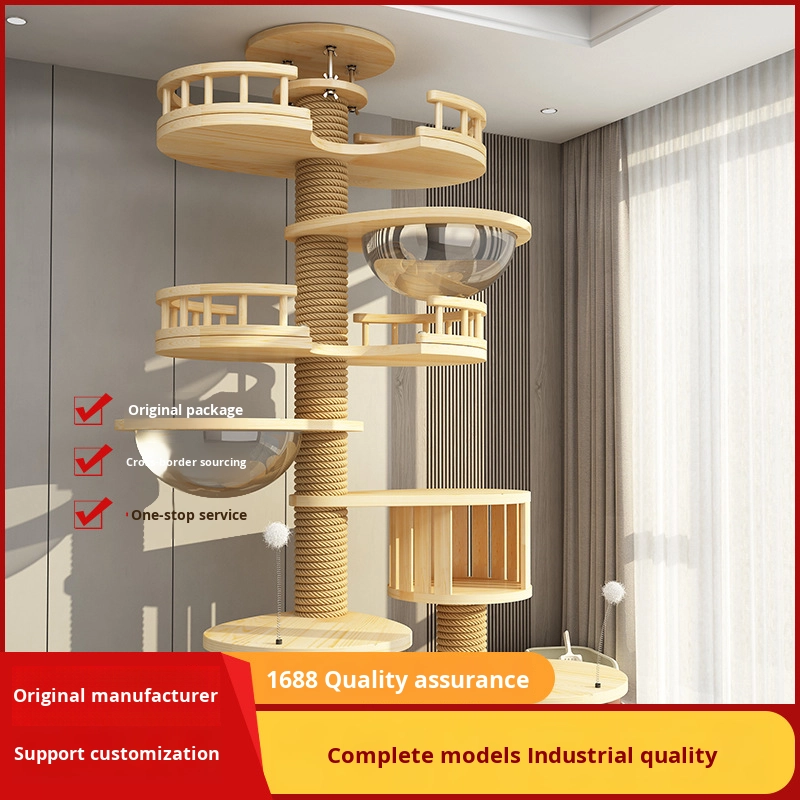Factory-Made Solid Wood PVC Cat Tree Integrated Scratching Post Floor-to-Ceiling Cat Climbing Frame Cat House Pet Mat Pad Toy