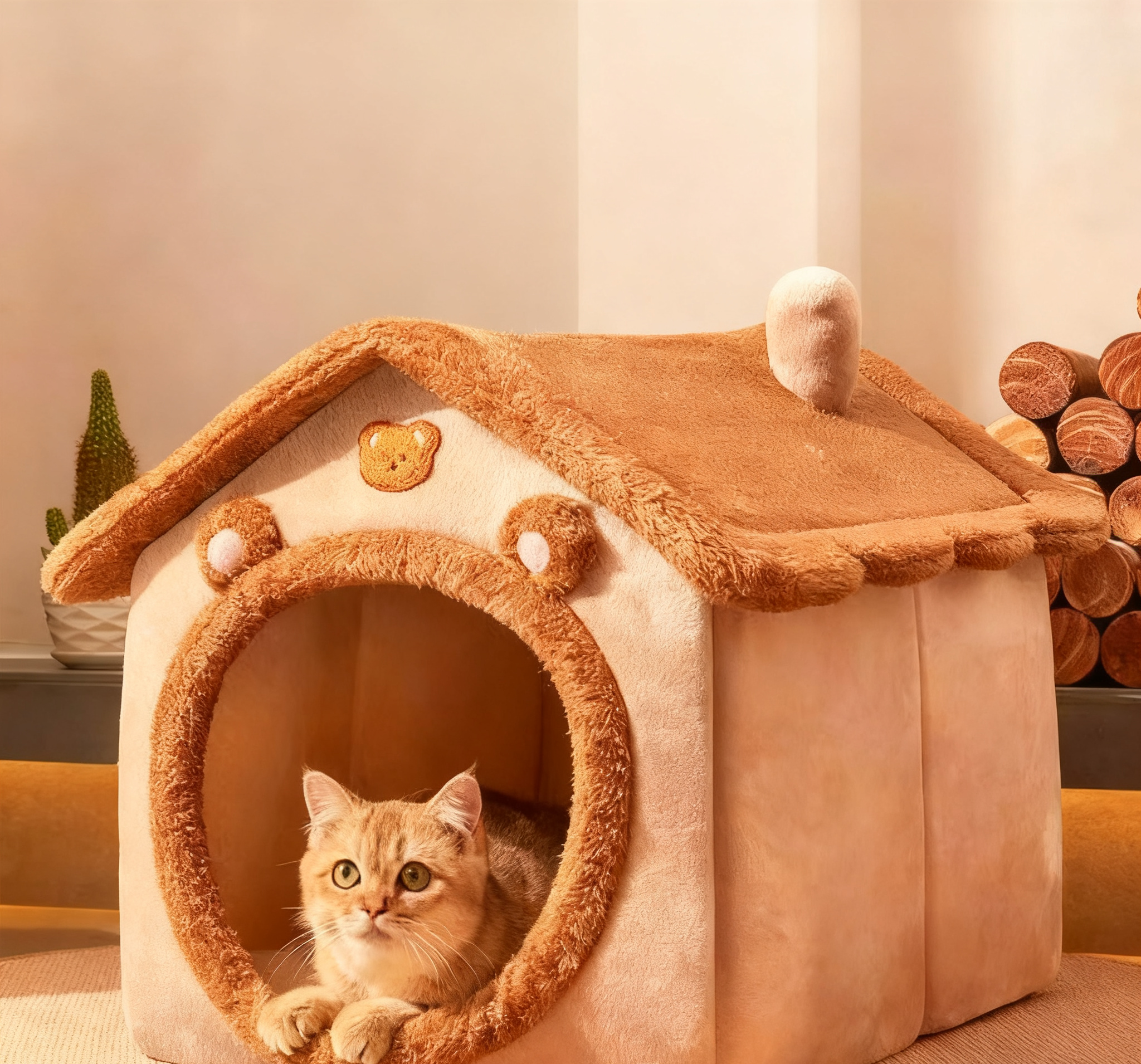 Cute Luxury Solid Square Cartoon Summer Winter Cat Dog Pet Bed Tent Soft Plush Removable Washable Cave Fashion Modern XL