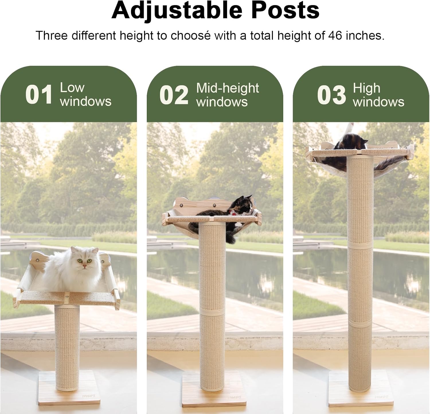 Anti-Slip Upgraded Large Wood Cat Tree with Window Perch and Scratching Post 54.3 Inch Adjustable Tall Eco-Friendly Design