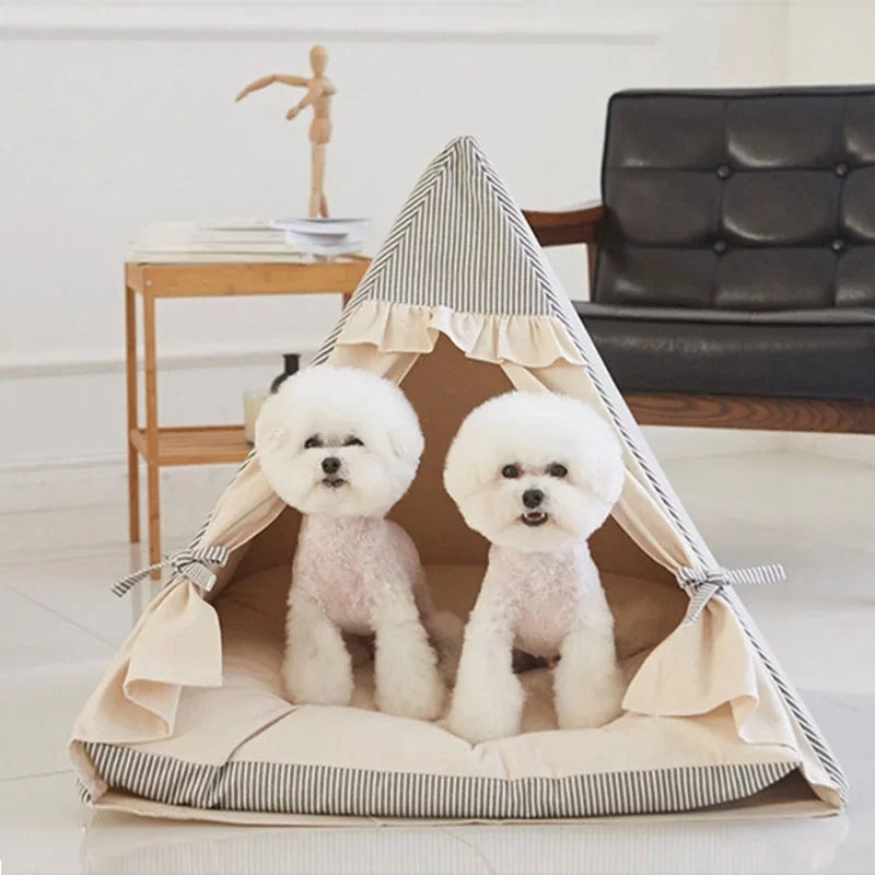 Luxury Foldable Pet Teepee Tent Cotton Canvas Cave Bed with Cushion Portable Dog Cat House Multi-Style Indoor Outdoor Bed