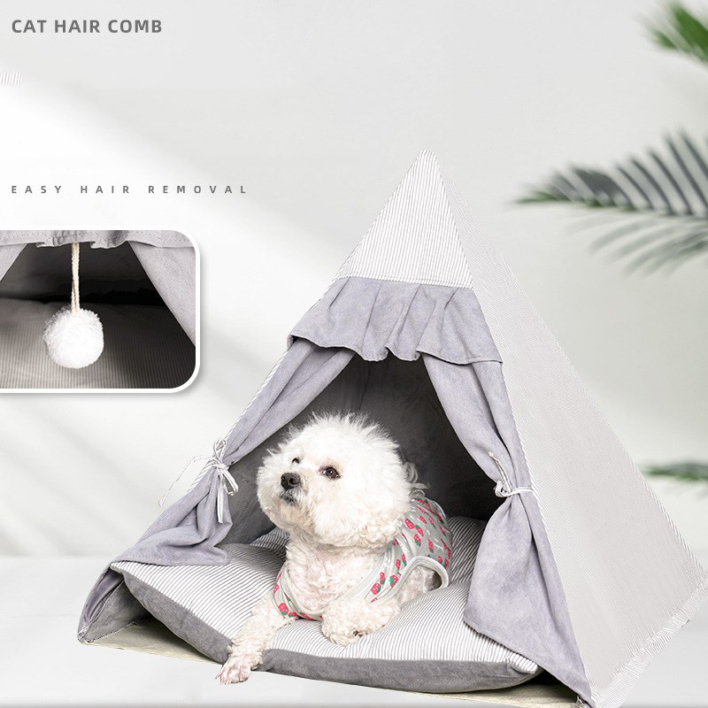 Wholesale Custom Pine Wood Cotton Linen Pet Teepee Tent Bed Tents for Dogs and Cats Cave House Bed for Furry Friends