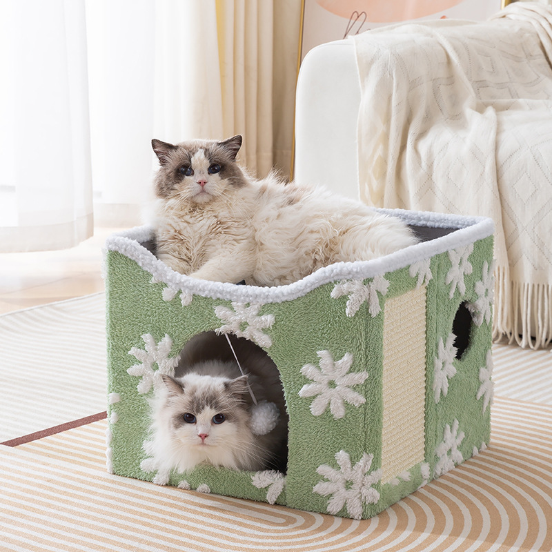 Multi-Functional Foldable Wood Rectangle Cat House Tent with Scratch Pad &amp; Hanging Ball Cozy Cat Bed for Pets