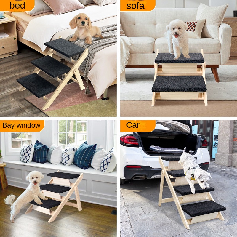 Hot Sell Dog Climbing Ramp Pet Bed Steps Ladder 2-in-1 Wood Collapsible For Dogs Cats Outdoor Adjustable Durable Simple Style